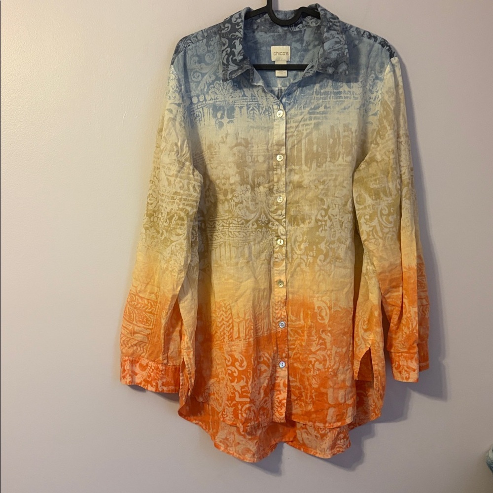 Chico’s Ombré Blue Tan Orange Lightweight Paisley Floral Button Up Blouse size 2